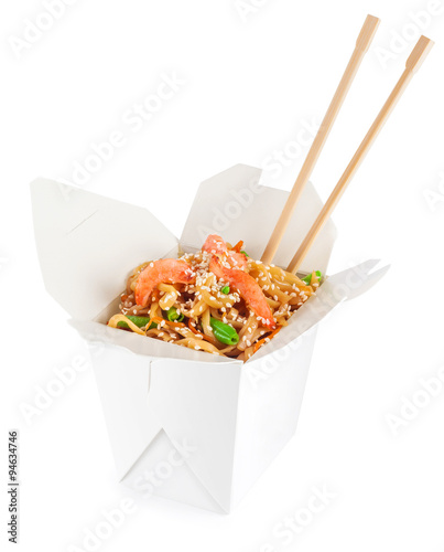 Chinese food. Noodles with shrimp isolated on white background.