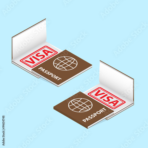 passport with visa stamp in a book isometric style