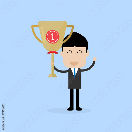 businessman stand with first place trophy