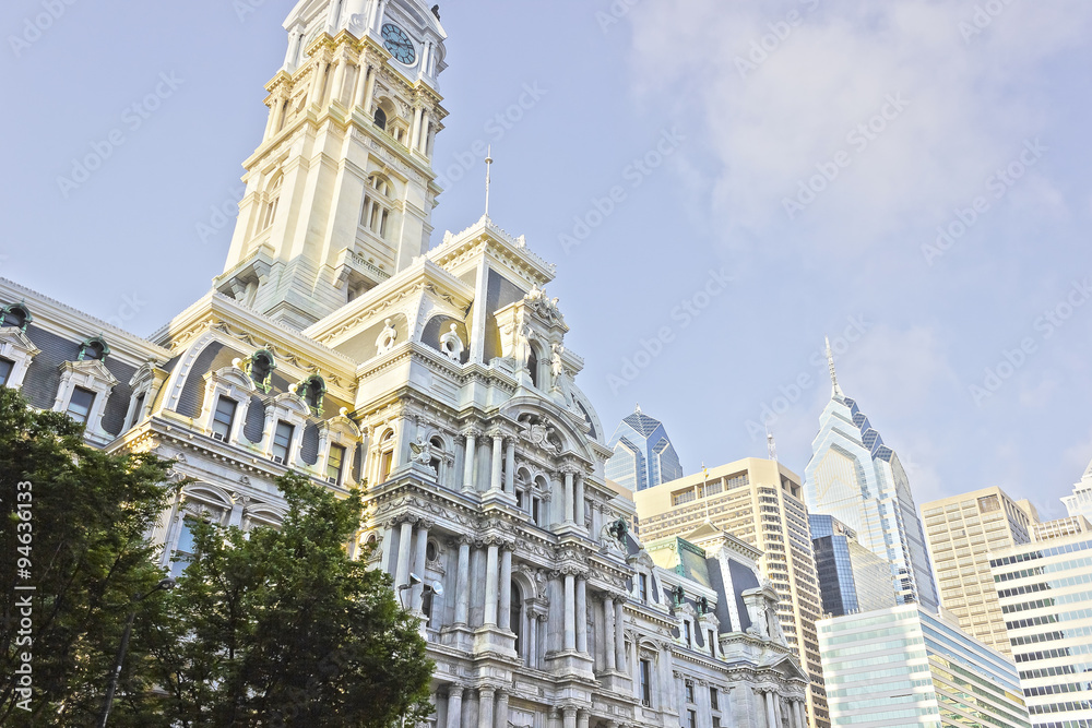 View of the French Second Empire styled Philadelphia City Hall & pyramidal spires of the Centre City skyline, Pennsylvania