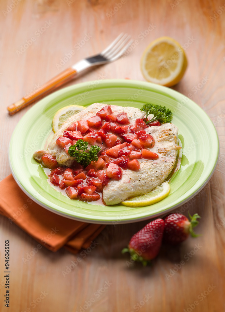 escalope with strawberries, selective focus