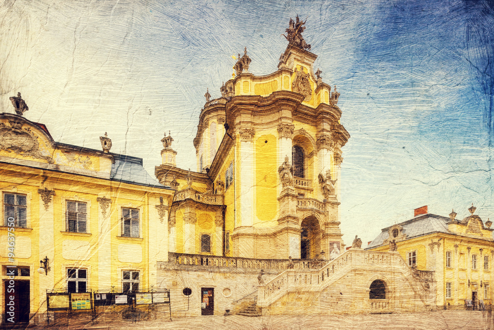 St. George's Cathedral in Lviv, Ukraine. Picture in artistic retro style.