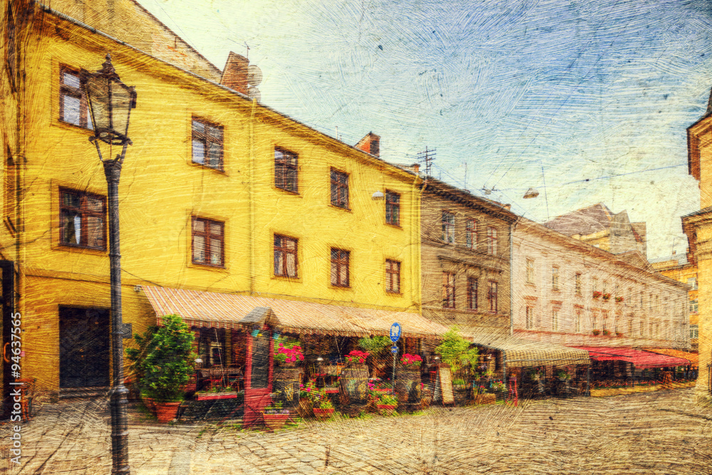 Architecture of Lvov. Ukraine. Picture in artistic retro style.