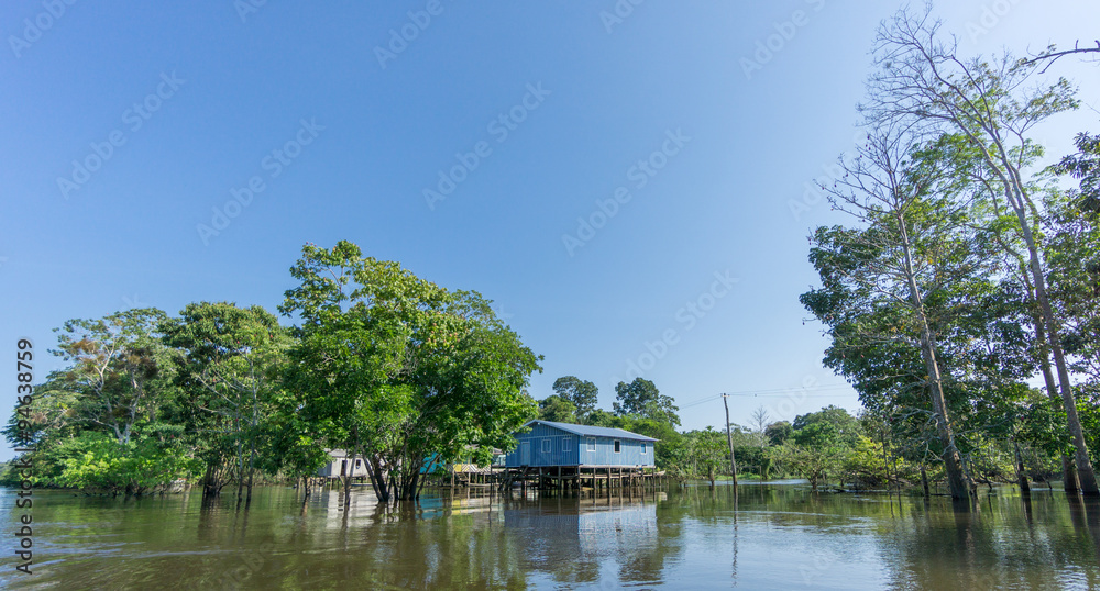 Woode houses built on high stilts over water, Amazon rainforest