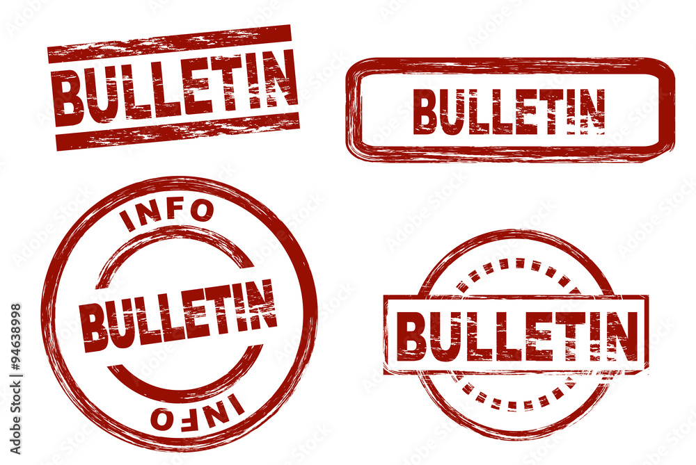 Set of stylized stamps showing the term bulletin. All on white background.