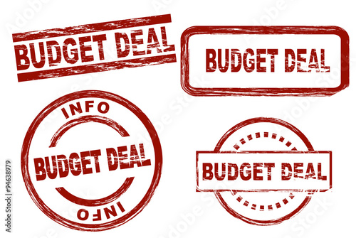 Set of stylized stamps showing the term budget deal. All on white background.