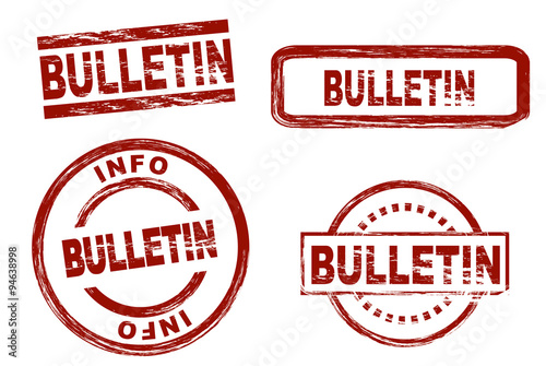 Set of stylized stamps showing the term bulletin. All on white background.