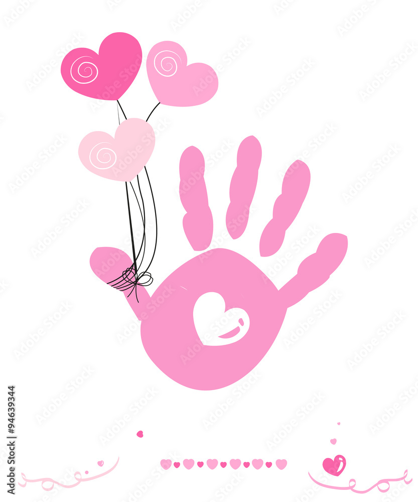 Baby girl hand prints with hearts balloon vector greeting card Baby girl hand prints with hearts balloon vector greeting card