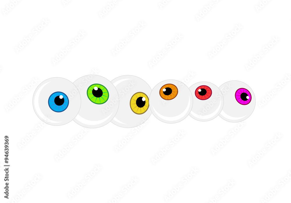 Halloween eyeball vector background. Colorful cartoon pupil, eye illustration on white background.