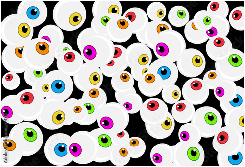 Halloween eyeball vector background. Colorful cartoon pupil, eye illustration on black background.