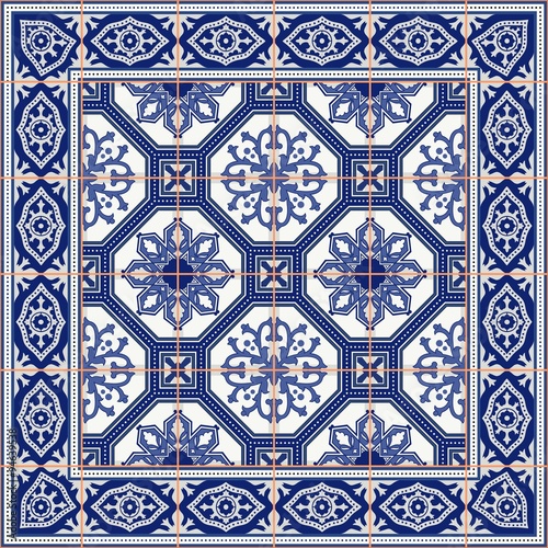 Seamless  pattern from tiles and border. Moroccan, Portuguese, Azulejo ornaments. 