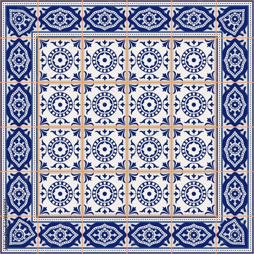 Seamless pattern from tiles and border. Moroccan, Portuguese, Azulejo ornaments. 