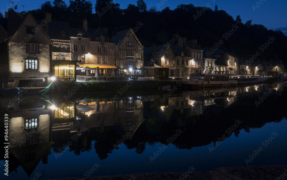 Night View of The Quayside and Reflections at Dinan, Brittany, F