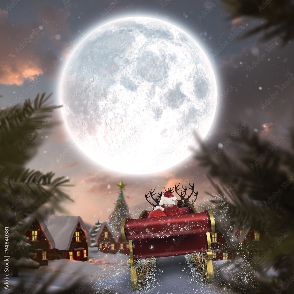 Naklejka premium Composite image of santa flying his sleigh