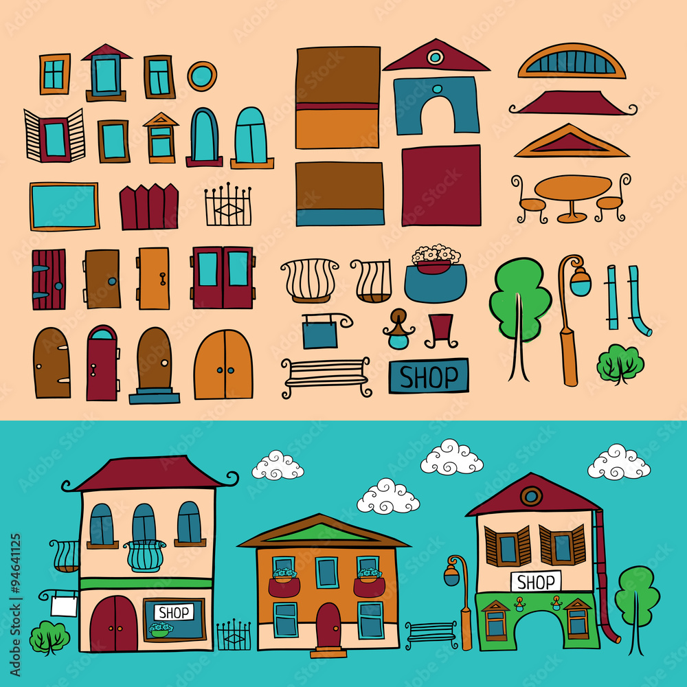 Cartoon vector houses constructor. Isolated elements kit. City creator. Make your perfect city.