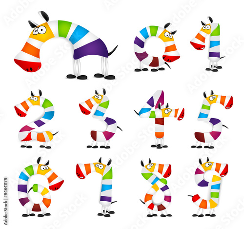 Collection of Numbers. Made Of colorful animal cartoon rainbow zebra. Vector