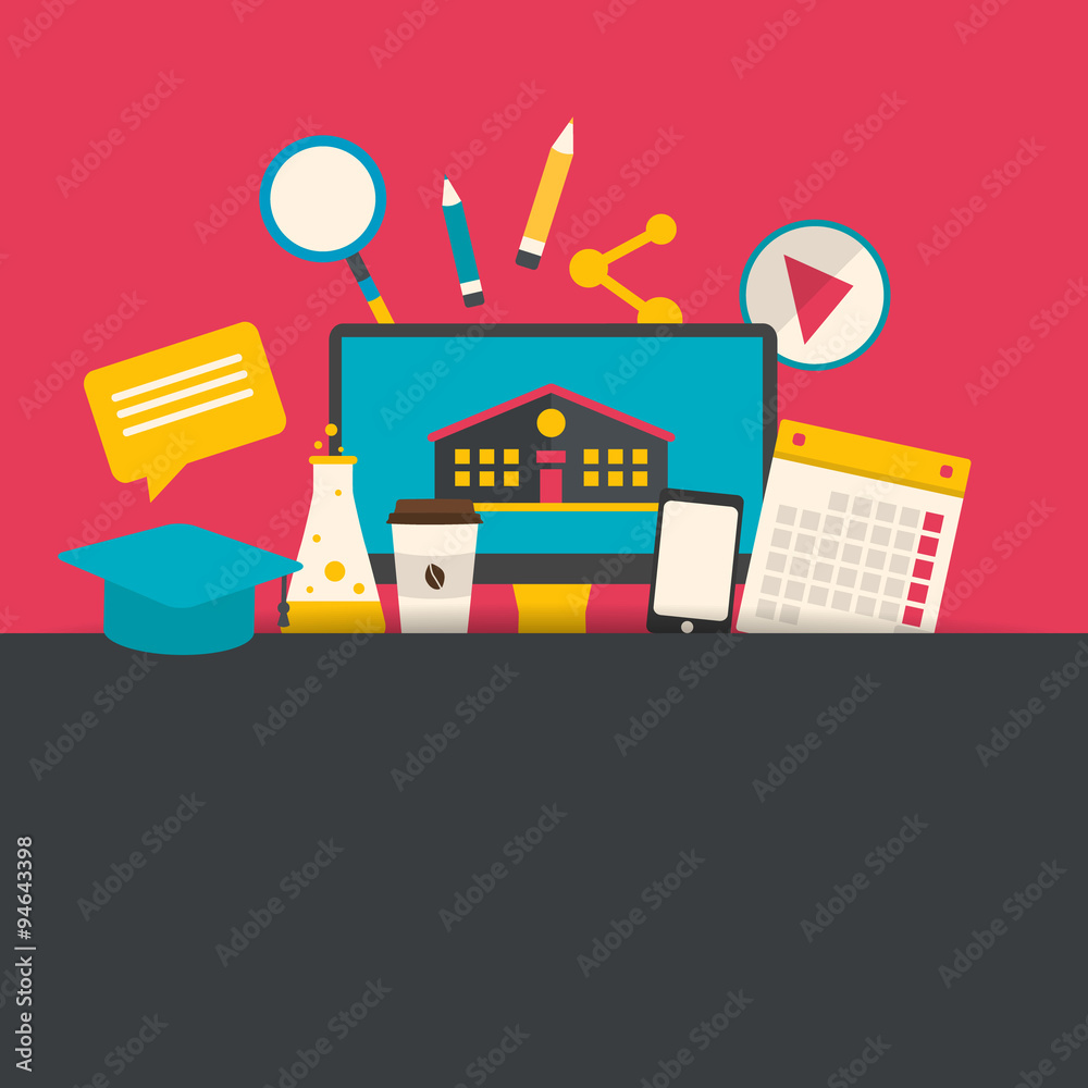 Naklejka premium Flat design e-learning concept. E-learning equipment background. Vector illustration.