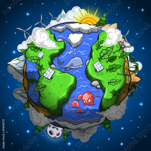 Environmentally friendly cartoon planet on background starry space