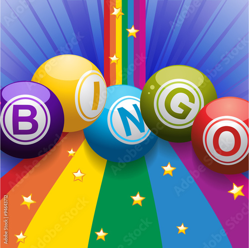 Bingo balls on rainbow over blue background