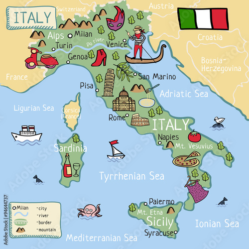 Fototapeta Naklejka Na Ścianę i Meble -  Cartoon vector map of Italy for kids.