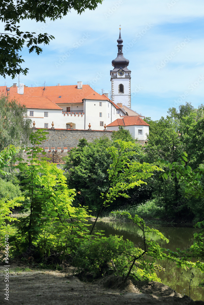 Naklejka premium Colorful medieval Town Pisek above the river Otava, Czech Republic