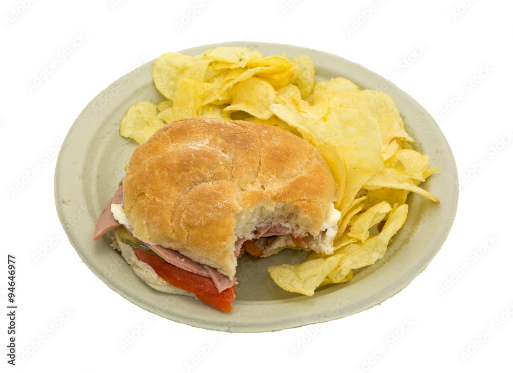 Bitten salami sub sandwich on plate with chips Bitten salami sub sandwich on plate with chips