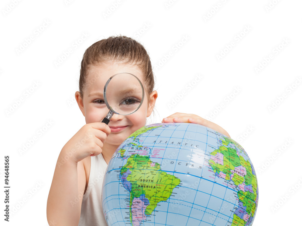 beautiful cute little girl examining globe with magnifying glass beautiful cute little girl examining globe with magnifying glass