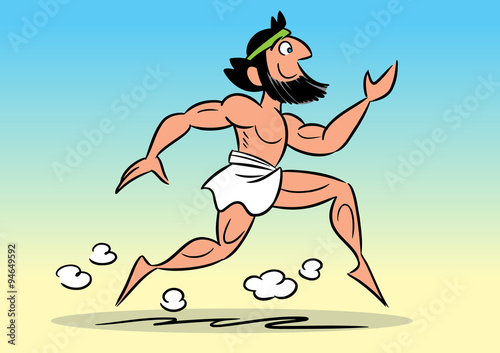The illustration shows running the Greek marathoner in a cartoon style.