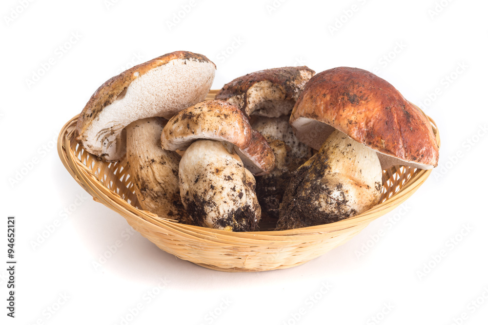 Funghi porcini nel cestino di vimini isolati su sfondo bianco