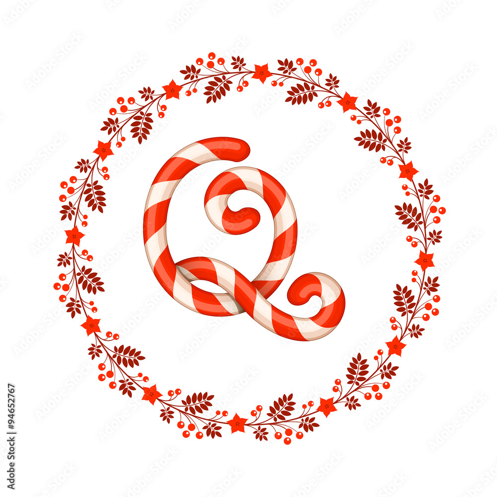 Fototapeta premium Q letter christmas candy with wreath