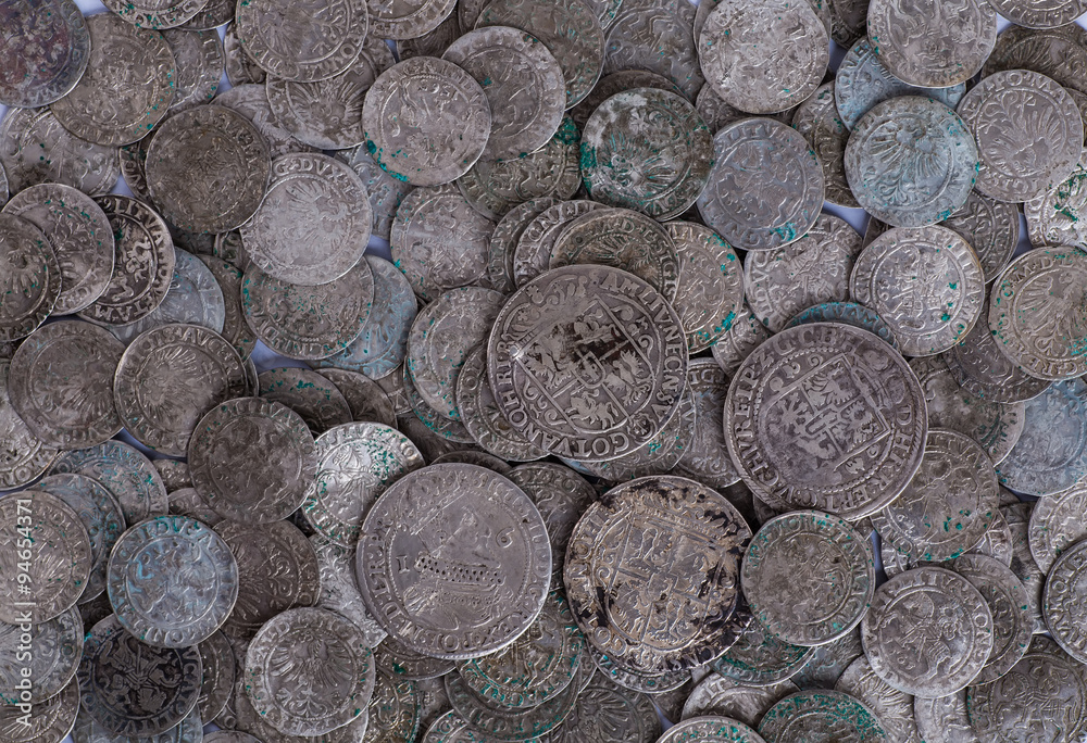 trove of ancient medieval coins silver background trove of ancient medieval coins silver background