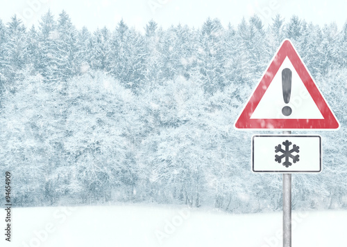 Winter Background - Snowy Landscape with Warning Sign and Copy Space