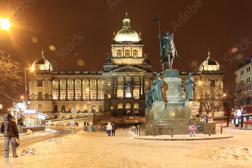 Photography Holy Wenceslas on the Horse, Czech patron, on snowy Wenceslas Square in the nigh