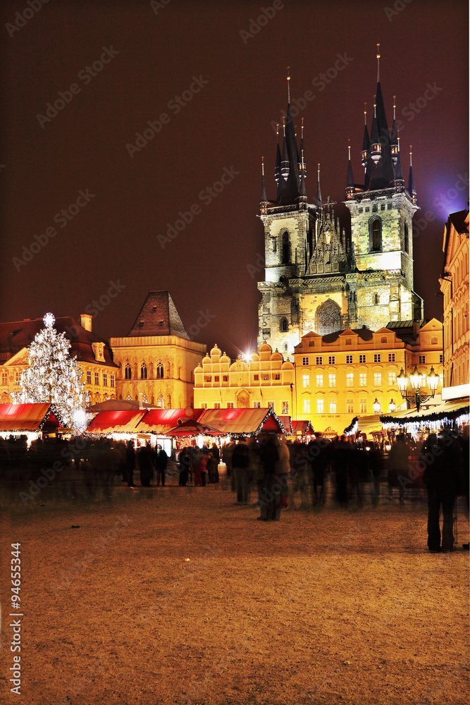 Christmas Mood on the night snowy Old Town Square, Prague, Czech Republic