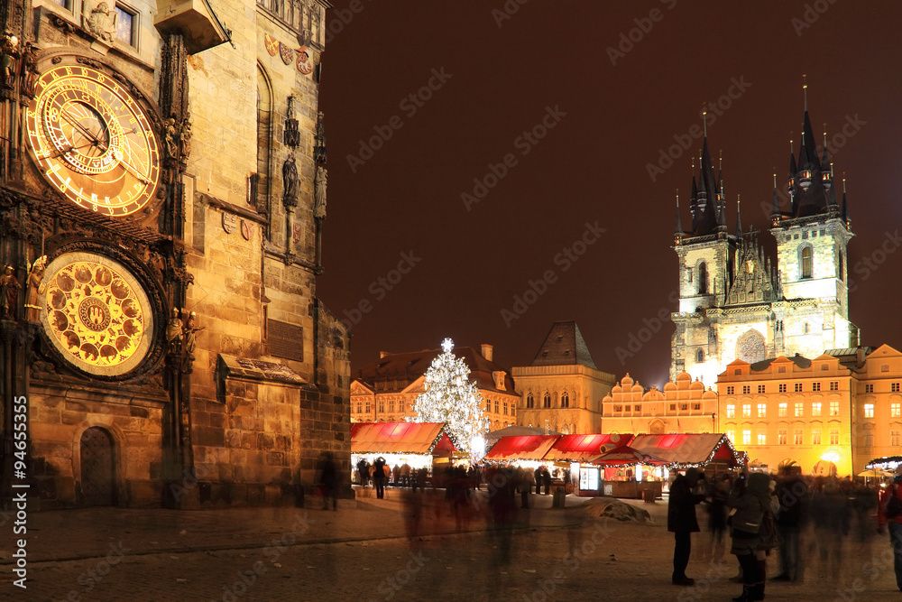 Christmas Mood on the night snowy Old Town Square, Prague, Czech Republic