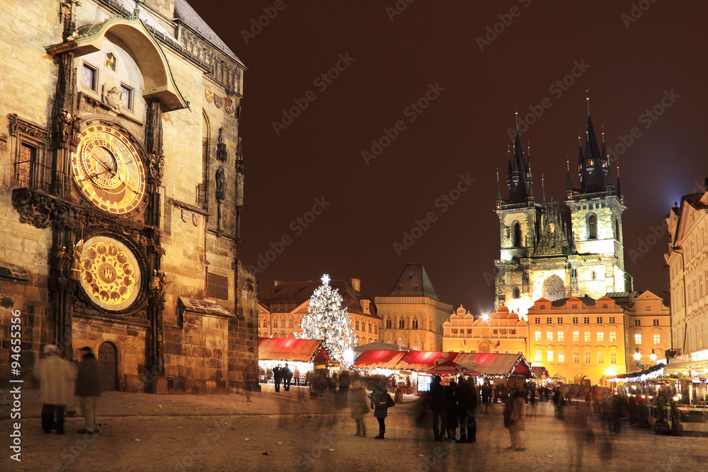 Christmas Mood on the night snowy Old Town Square, Prague, Czech Republic