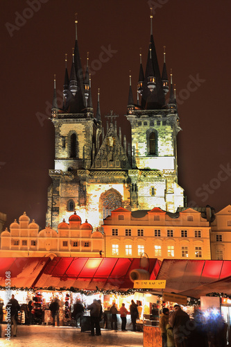 Christmas Mood on the night snowy Old Town Square, Prague, Czech Republic