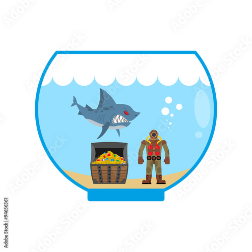 Mini shark in  Aquarium and  treasure chest. Scuba diver in old