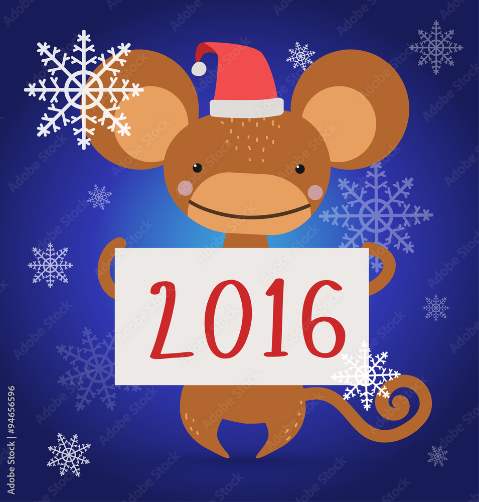 New Year Christmas monkey ape wild cartoon animal holding 2016 board vector