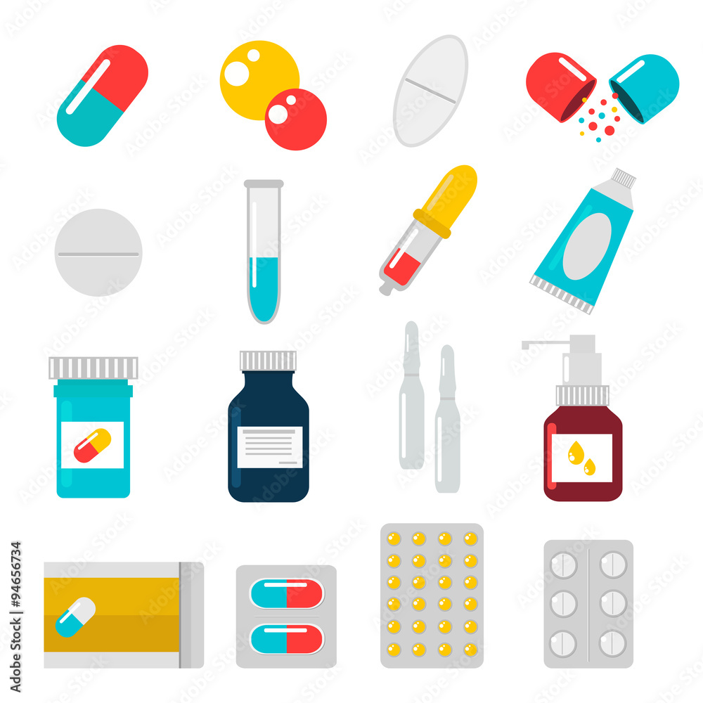 Pills capsules icons vector flat set. Medical vitamin pharmacy illustration