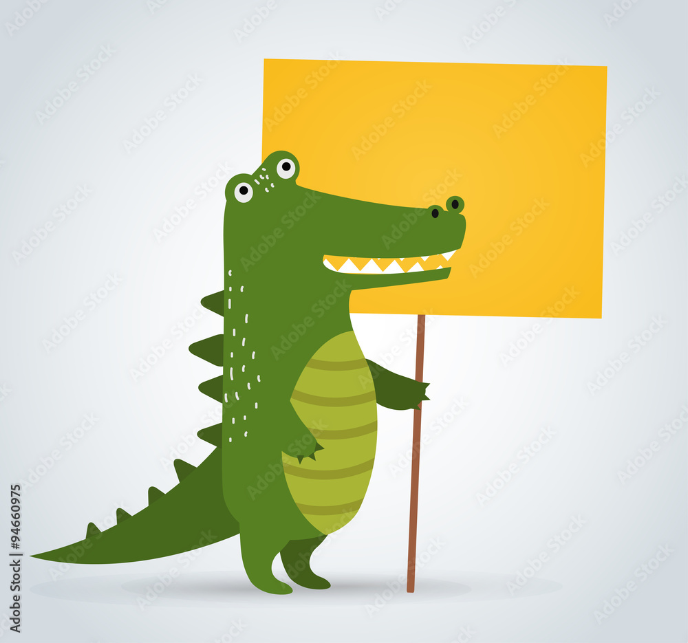 Obraz premium Wild animal zoo crocodile holding strike clean plate board vector cartoon