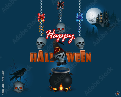 Happy Halloween, background with a magic cauldron and haunted castle; Holidays, design with skulls hanging from chains over witch cauldron, skull wearing a raven on top and skull wearing wizard's hat