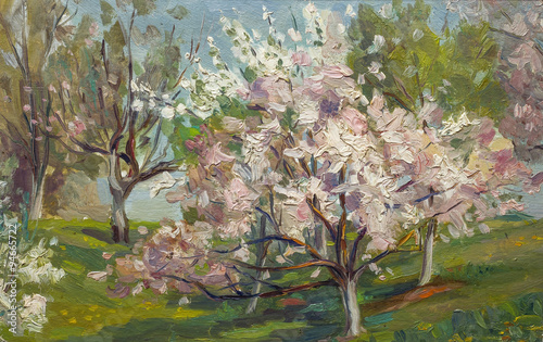 Beautiful Original Oil Painting of flowering tree in the summer garden  Landscape On Canvas
