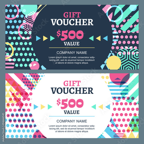Vector gift voucher with colorful geometric pattern and round fr
