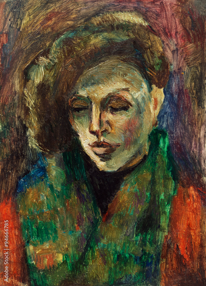 Beautiful Original Oil Painting of portrait of a woman wearing a scarf in orange and green colors  On Canvas