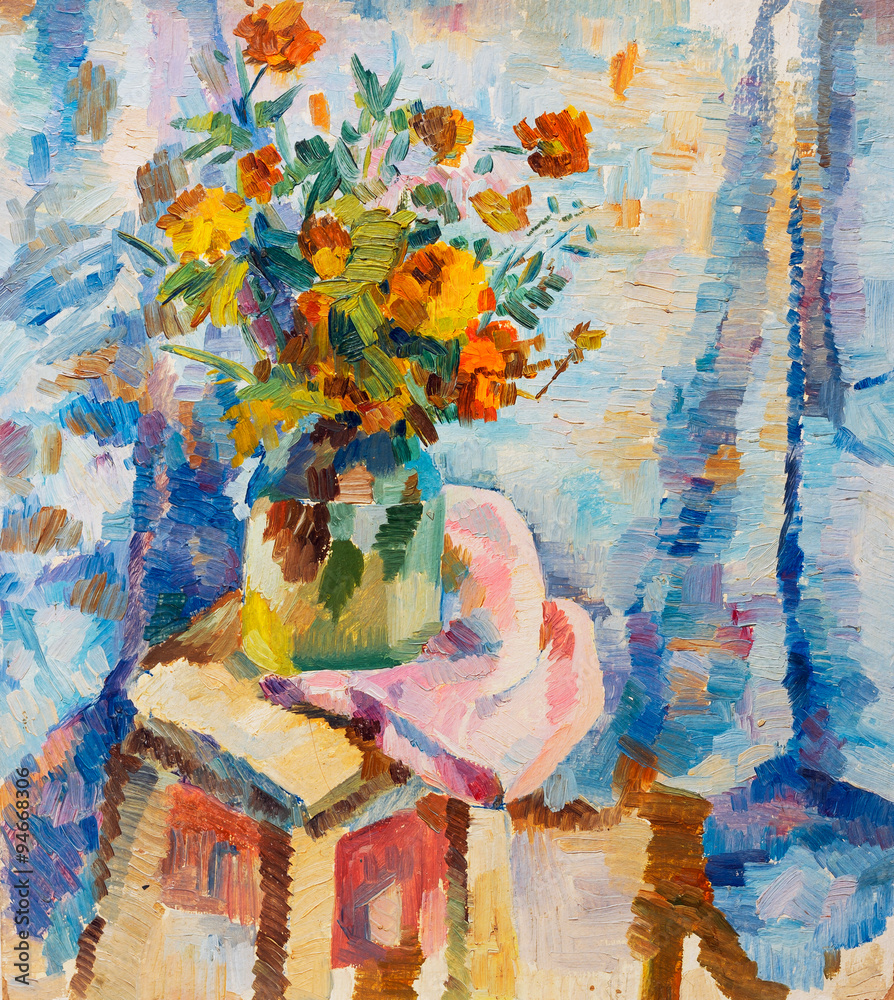 Beautiful Original Oil Painting lowers in a vase in bright orange colors of red and blue  On Canvas