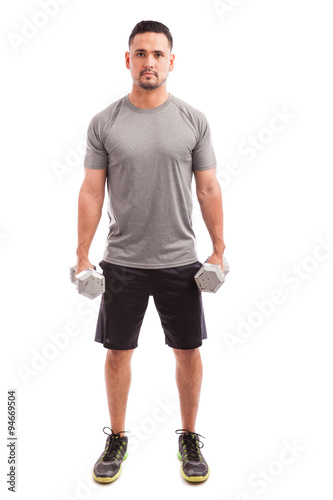 Lifting weights on a white background