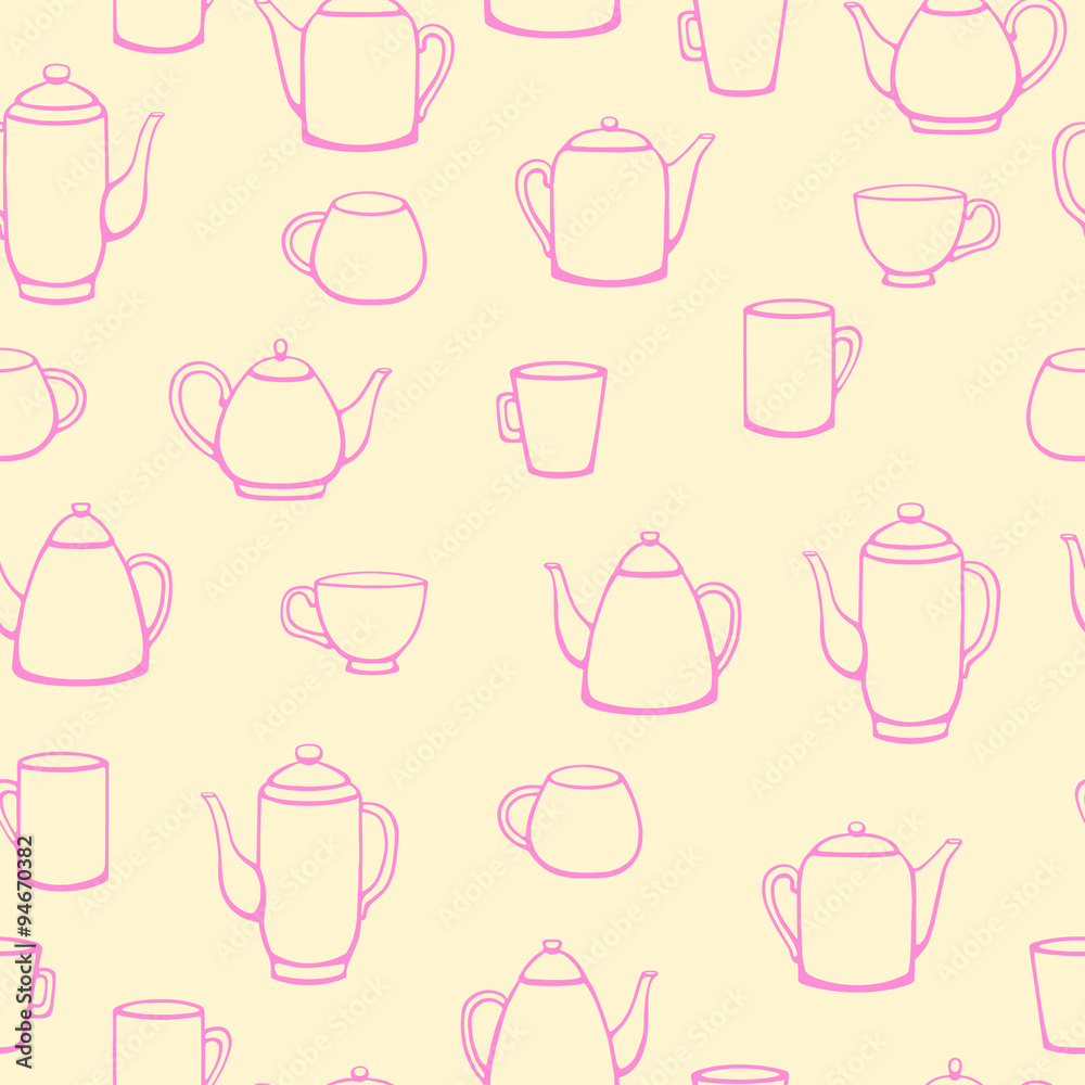 Doodle color teapot seamless pattern. Hand drawn background. Yellow and pink colors.