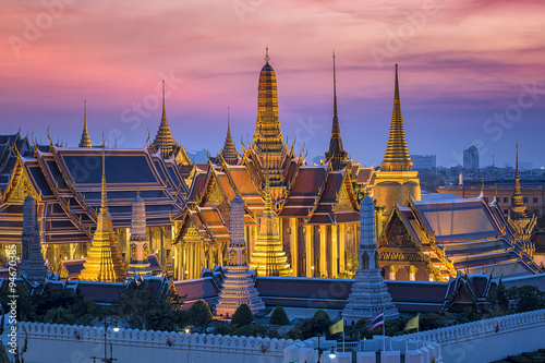 Top view Bangkok ,Golden Temple Wat Phra Kaeo at sunset, Temple of the Emerald Buddha Bangkok, Asia Thailand