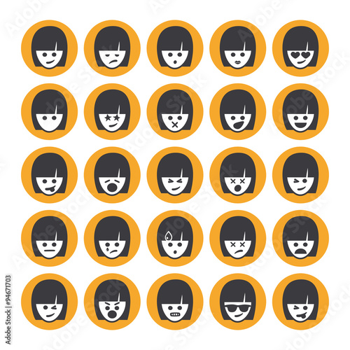 Set of different emoticons vector, white and yellow woman faces. Emoji icons representing lots of reactions, personalities and emotions
 photo